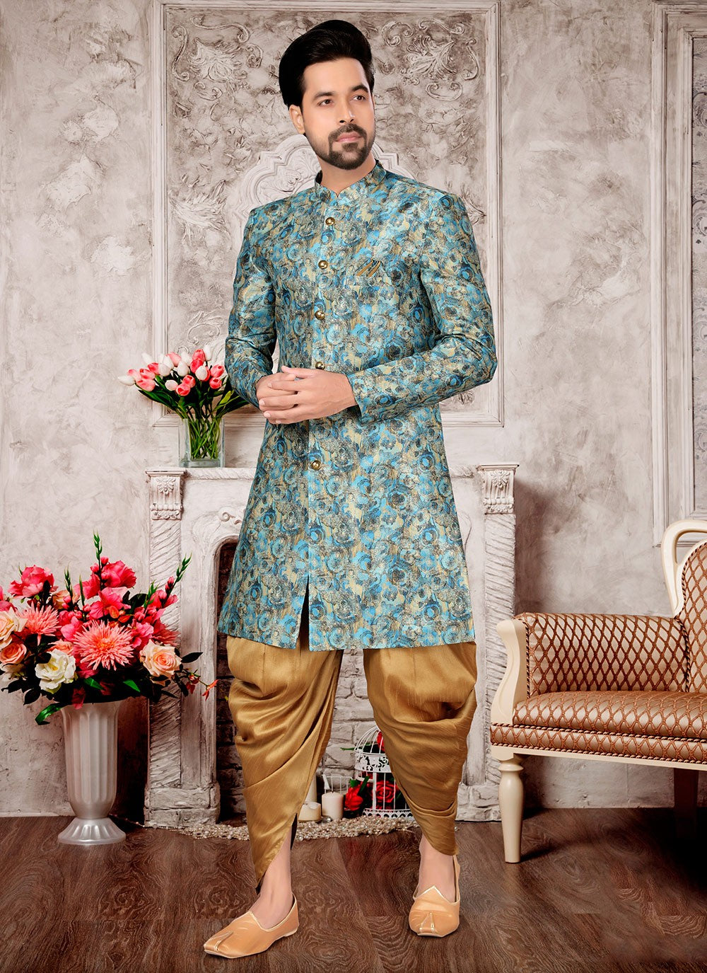 Digital Print Fancy Fabric Multi Colour Indo Western Sherwani - M2977