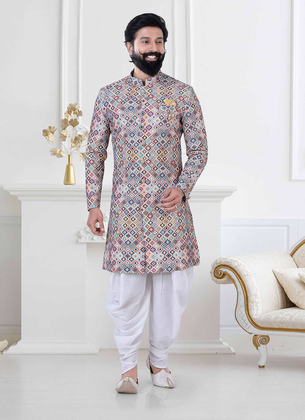 Fancy Work Jacquard Multi Colour Indo Western - M4196