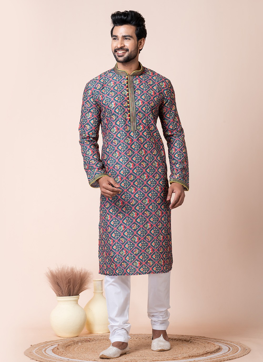 Printed Cotton Multi Colour Kurta Pyjama - M8578