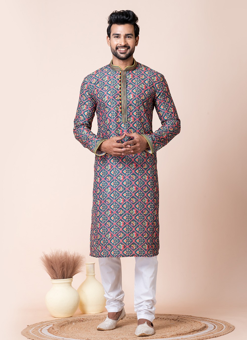 Printed Cotton Multi Colour Kurta Pyjama - M8578