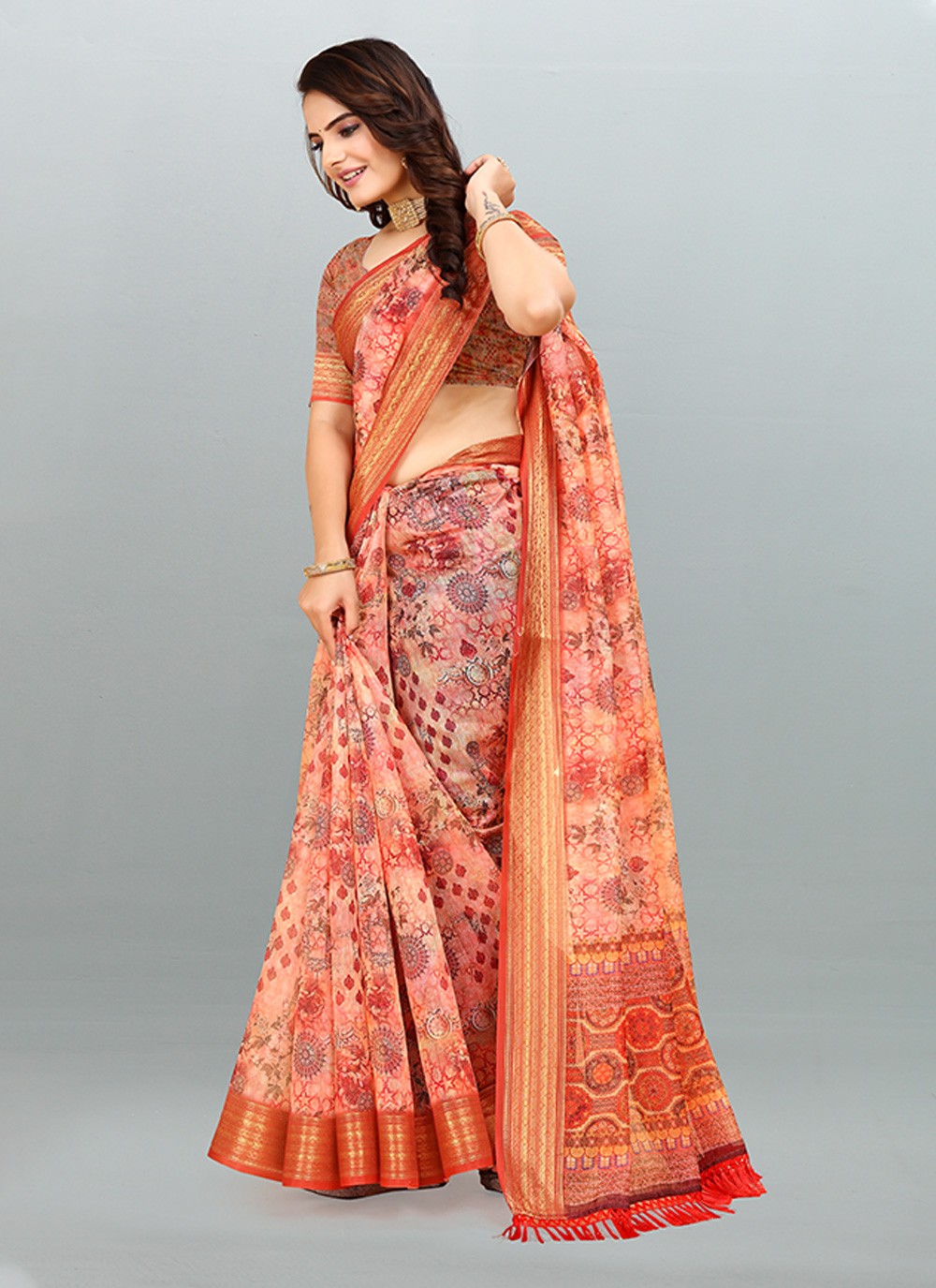 Saree Digital Print Cotton , Jacquard Saree - S3182