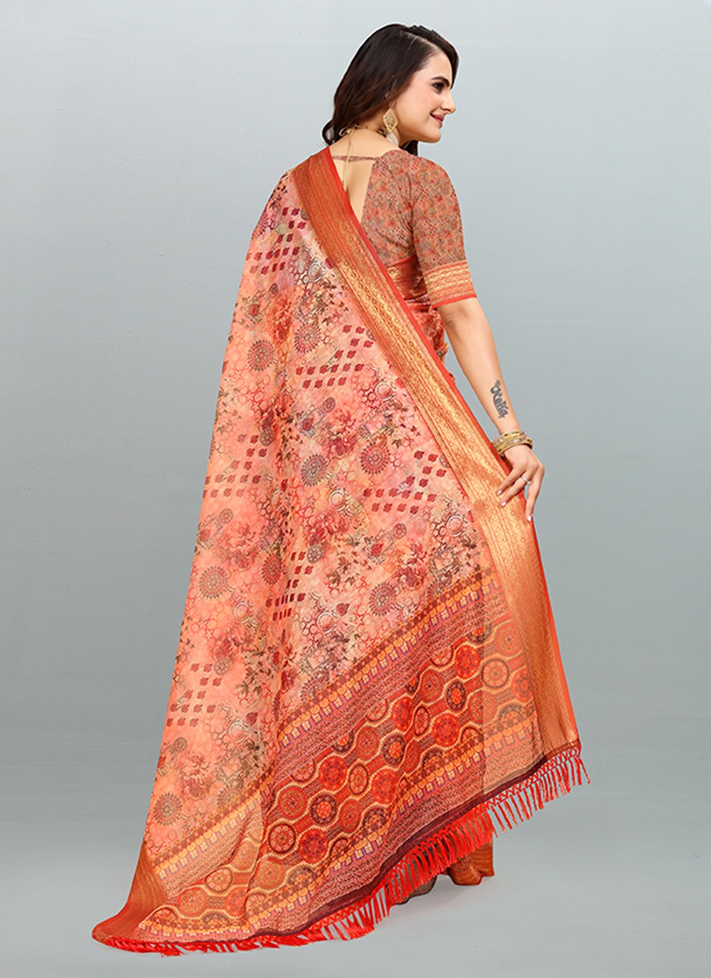 Saree Digital Print Cotton , Jacquard Saree - S3182