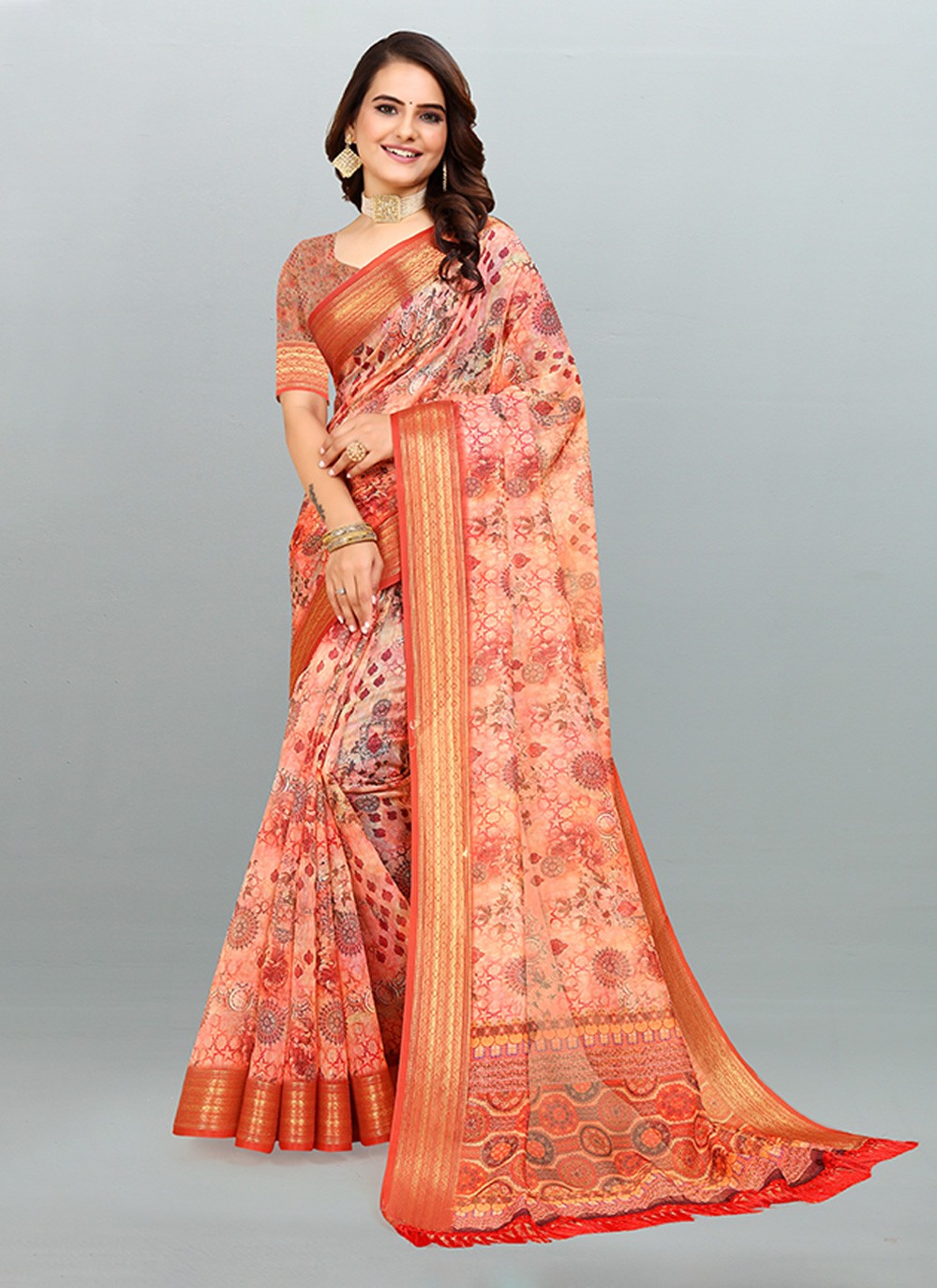 Saree Digital Print Cotton , Jacquard Saree - S3182