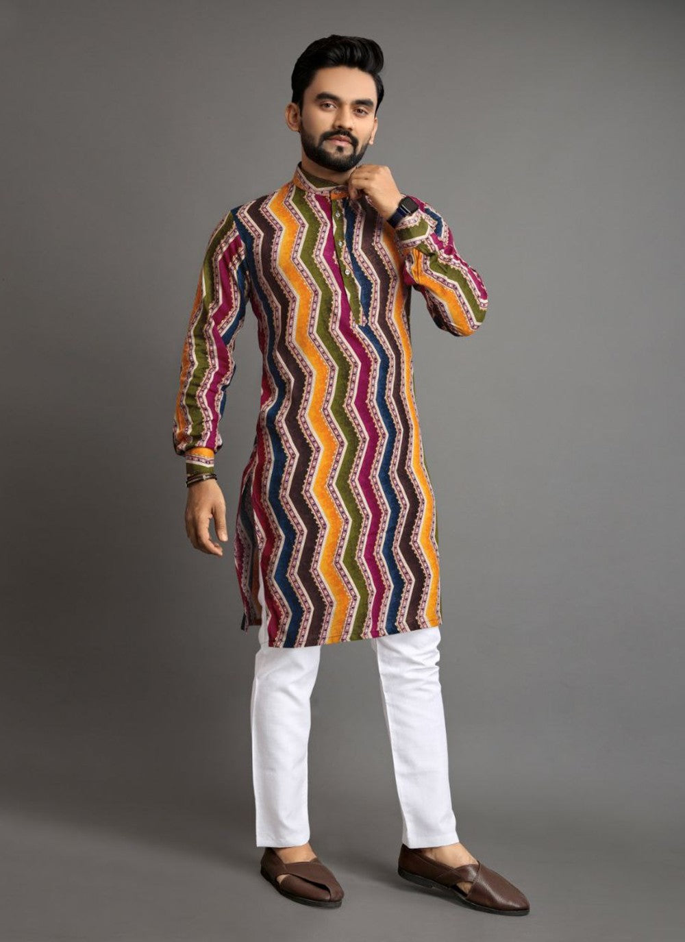 Foliage Prints Cotton Multi Colour Kurta Pyjama - M8326