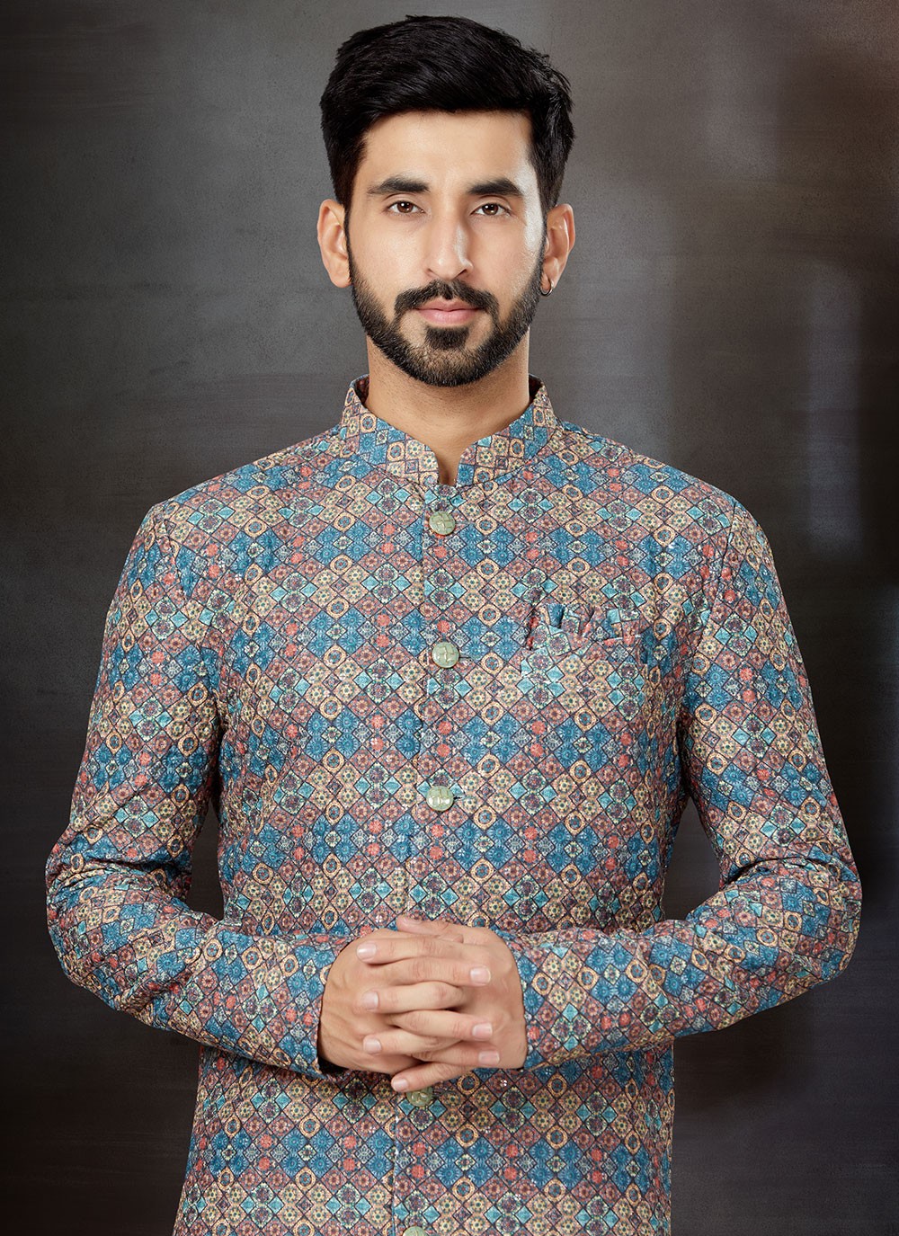 Fancy Work Jacquard Multi Colour Indo Western Sherwani - M4812