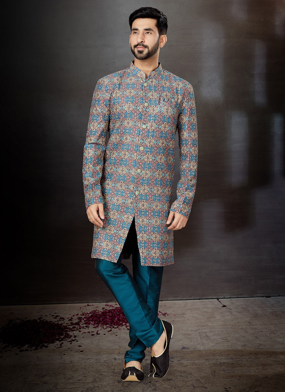 Fancy Work Jacquard Multi Colour Indo Western Sherwani - M4812