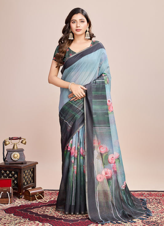 Border Work, Digital Print Linen Saree - S11538