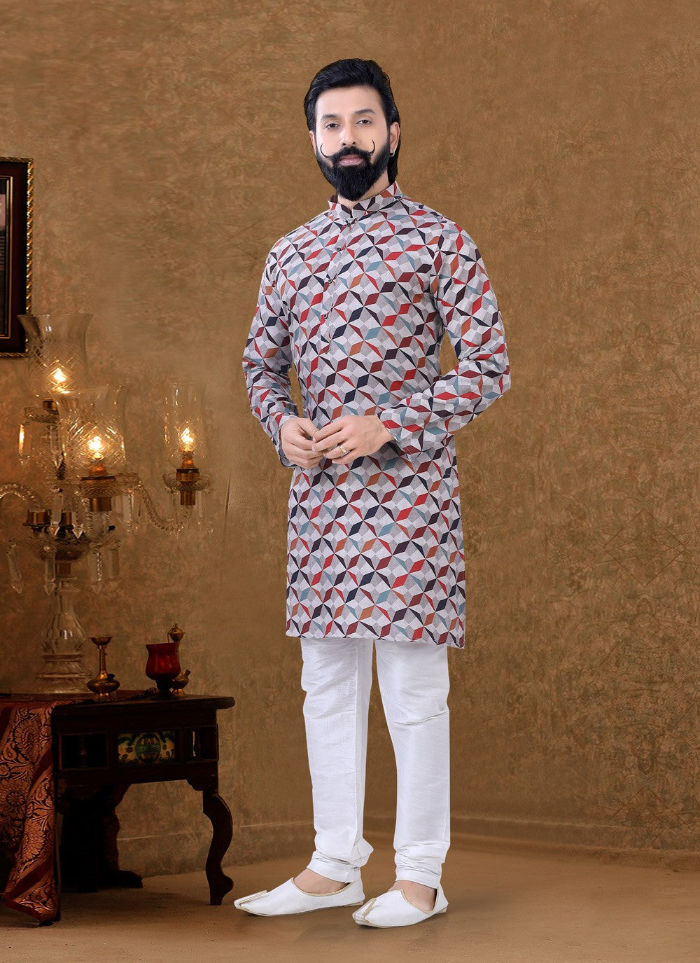 Digital Print Cotton Multi Colour Kurta Pyjama - M3973