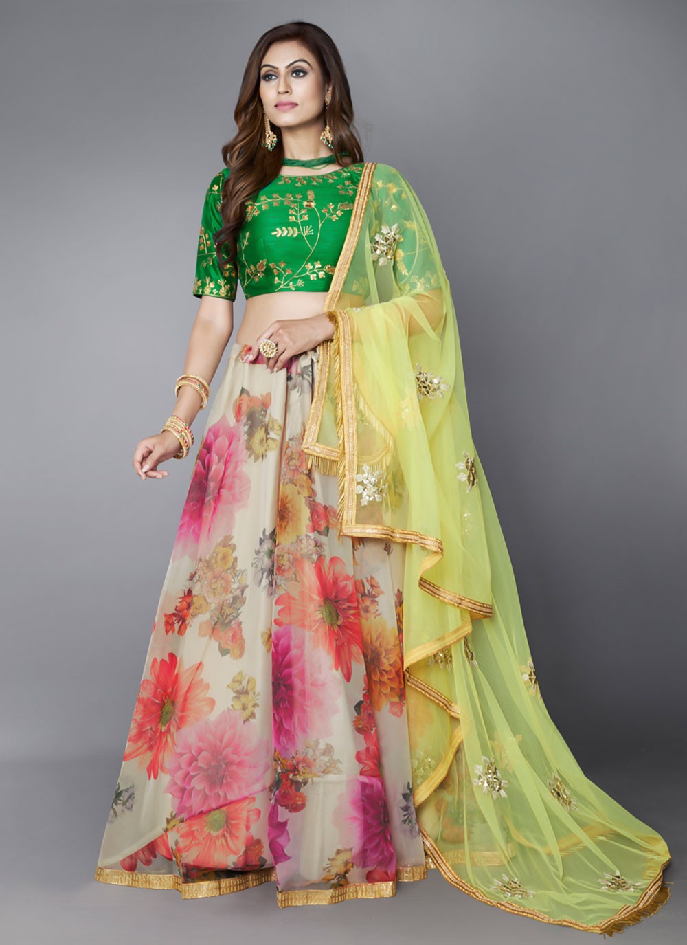 Floral Printed Organza A - Line Lehenga - L0599