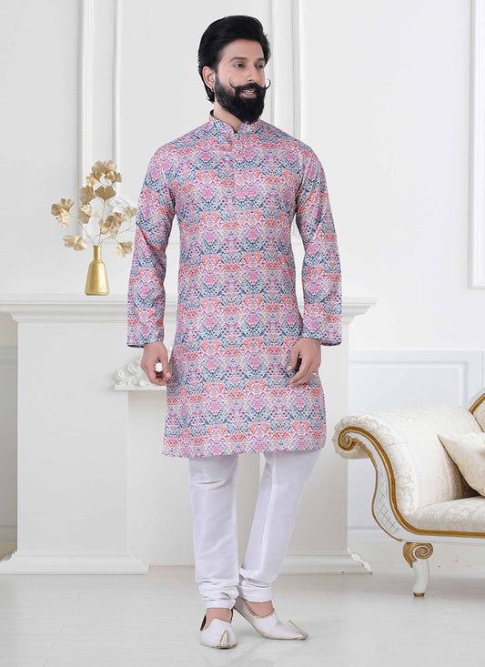 Printed Cotton Multi Colour Kurta Pyjama - M4175