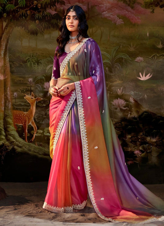 Shaded Border Work Fancy Fabric Saree - S7643