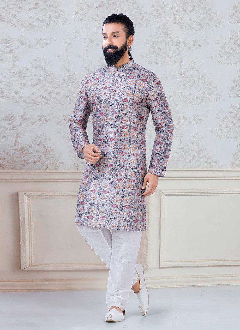 Printed Silk Multi Colour Kurta Pyjama - M3084