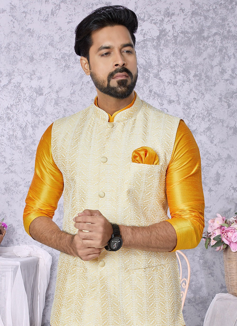 Fancy Work Banarasi Silk Mustard, Yellow Kurta Payjama With Jacket - M5329