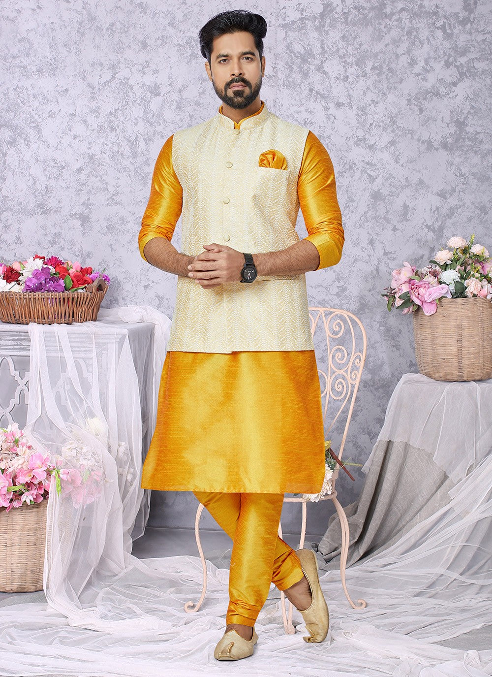 Fancy Work Banarasi Silk Mustard, Yellow Kurta Payjama With Jacket - M5329