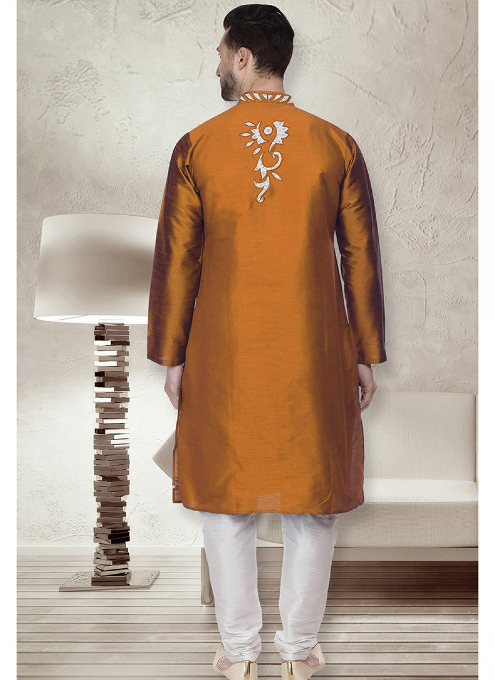 Embroidered Art Dupion Silk Mustard Kurta Pyjama - M1515