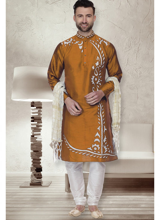 Embroidered Art Dupion Silk Mustard Kurta Pyjama - M1515