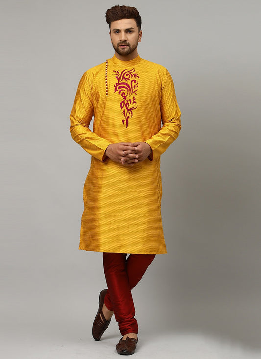 Embroidered Art Dupion Silk Mustard Kurta Pyjama - M3486