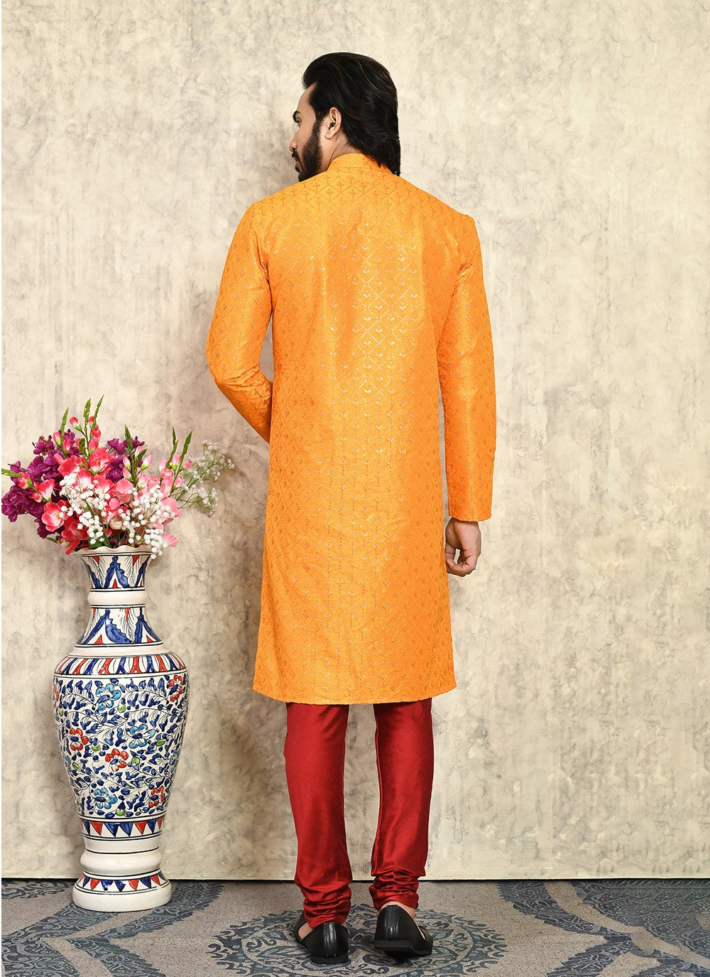 Plain Art Silk Mustard Kurta Pyjama - M7944