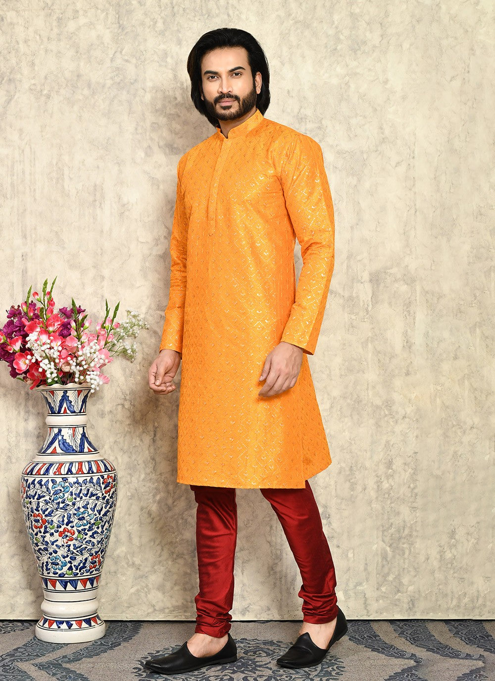 Plain Art Silk Mustard Kurta Pyjama - M7944