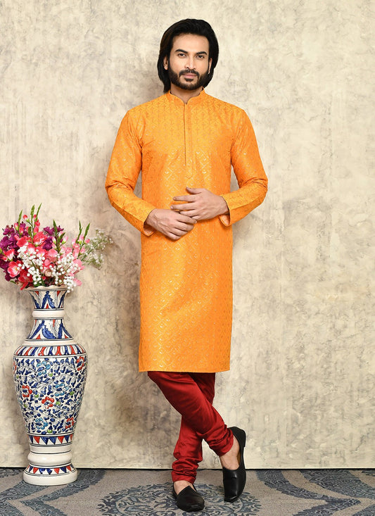 Plain Art Silk Mustard Kurta Pyjama - M7944