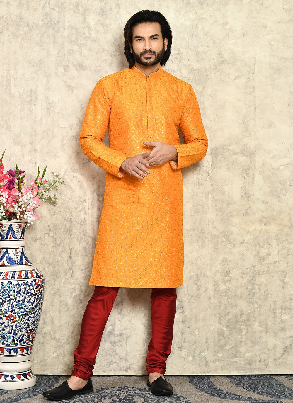 Plain Art Silk Mustard Kurta Pyjama - M7944