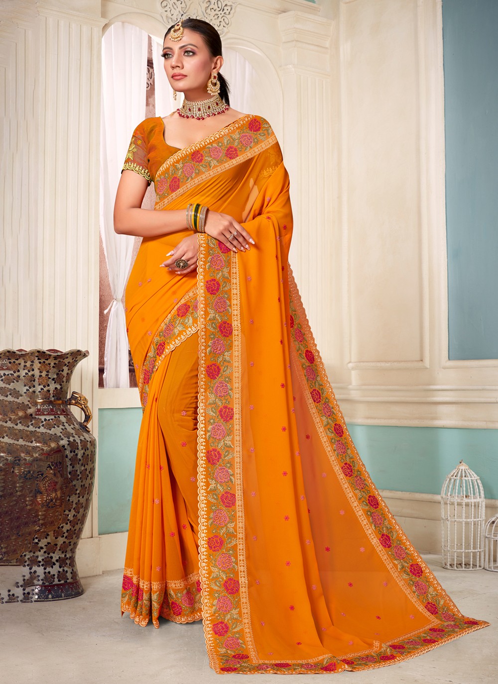 Classic Embroidered Georgette Saree - S3803