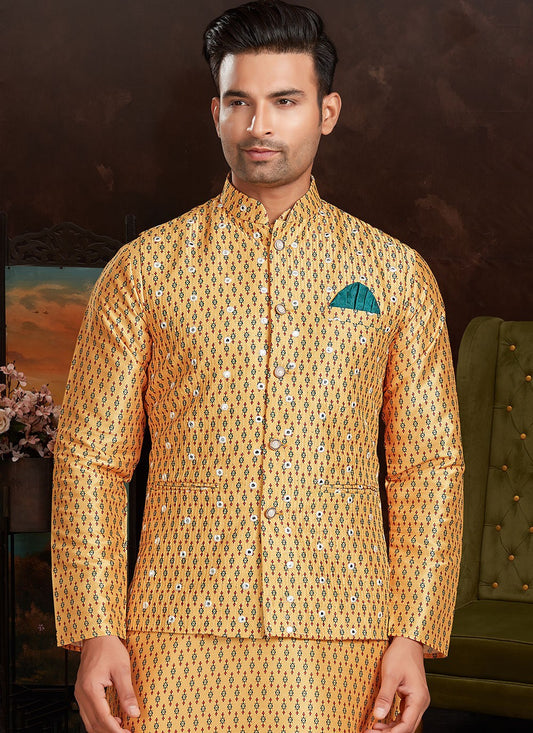 Mirror Silk Mustard Nehru Jackets - M3390