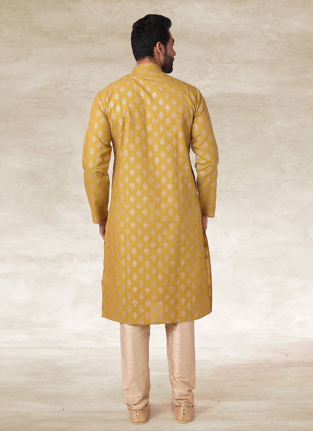 Printed Handloom Cotton Mustard Kurta Pyjama - M2688