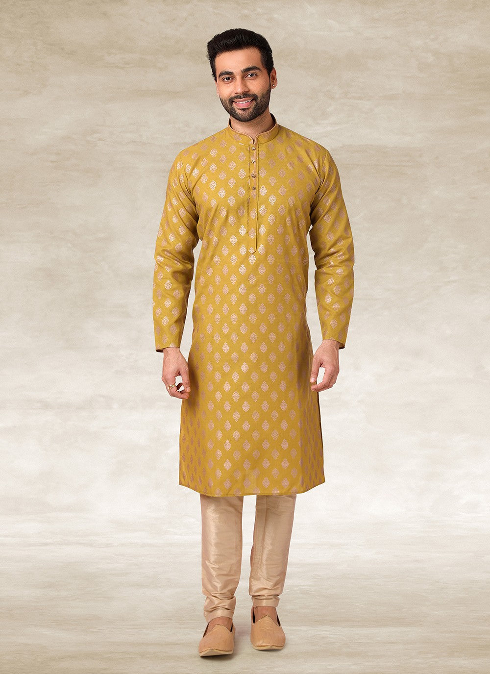 Printed Handloom Cotton Mustard Kurta Pyjama - M2688