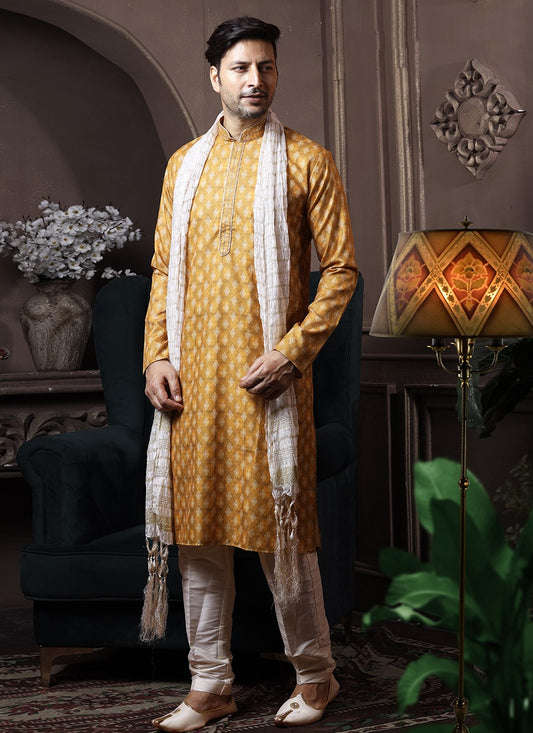 Printed Cotton Mustard Kurta Pyjama - M3608