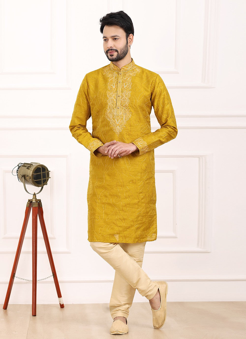 Thread Banarasi Silk Mustard Kurta Pyjama - M6128