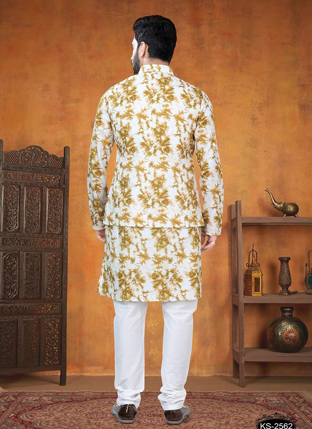 Printed Cotton Mustard Kurta Payjama With Jacket - M8776