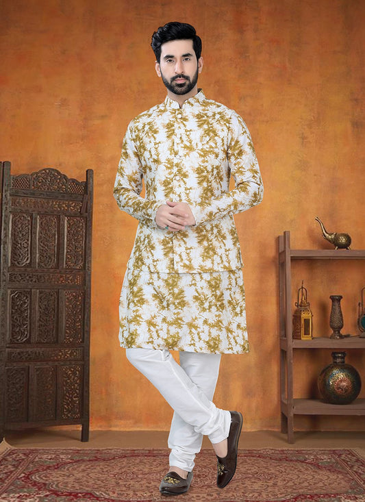 Printed Cotton Mustard Kurta Payjama With Jacket - M8776