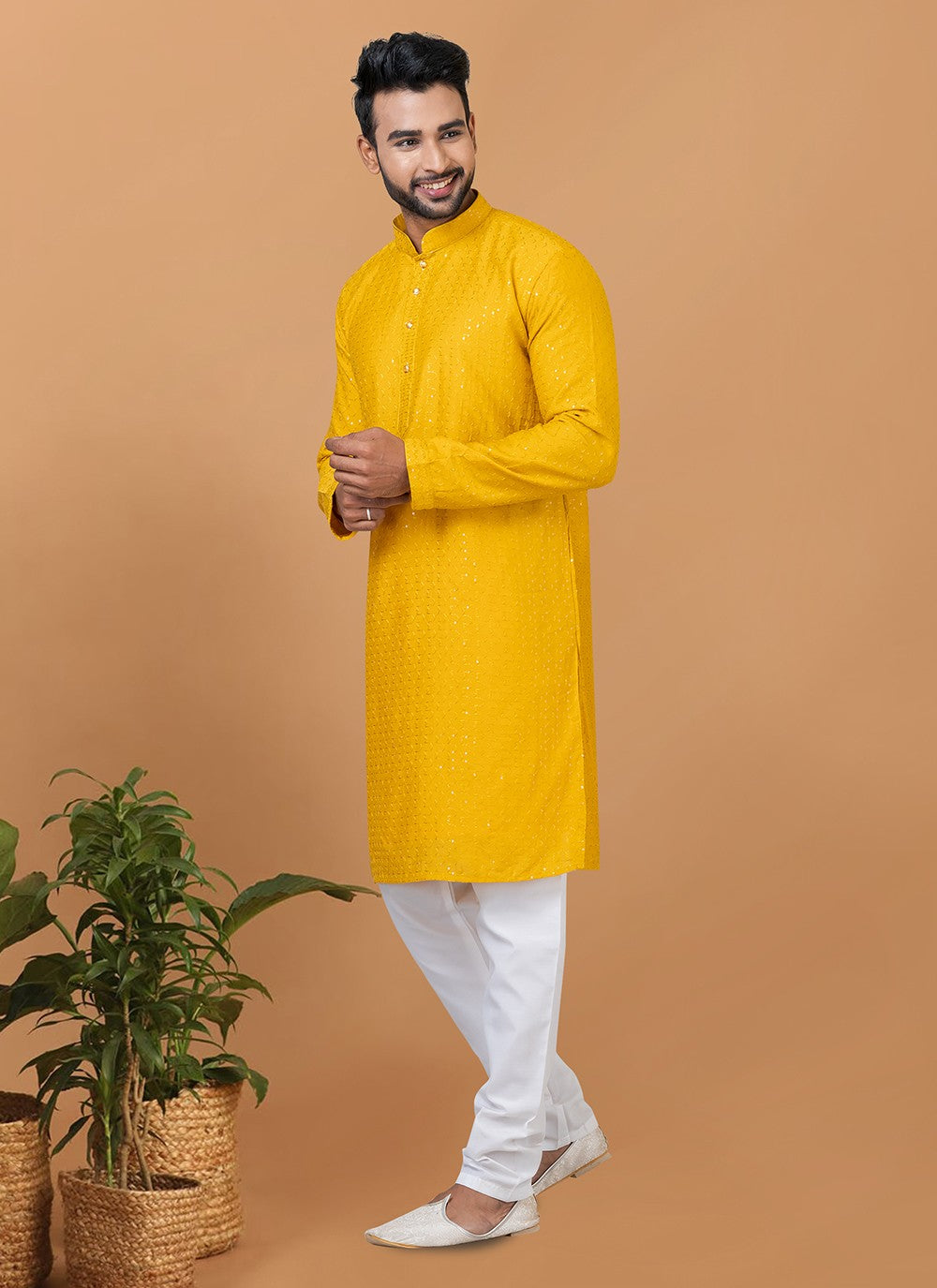 Embroidered Cotton , Viscose Mustard Kurta Pyjama - M6353