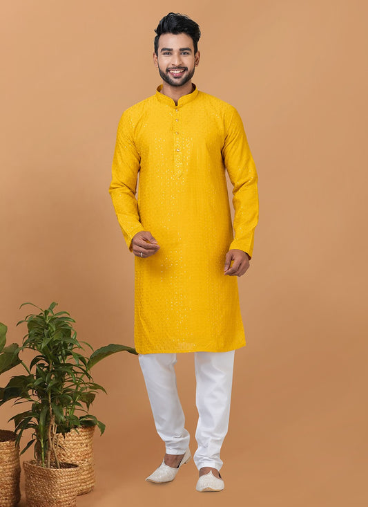 Embroidered Cotton , Viscose Mustard Kurta Pyjama - M6353