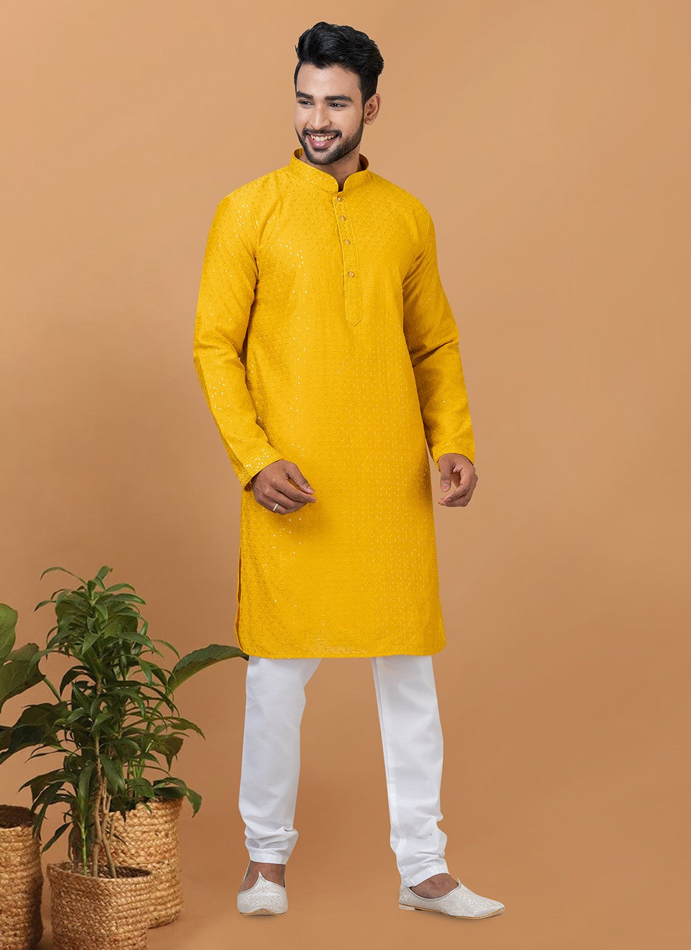 Embroidered Cotton , Viscose Mustard Kurta Pyjama - M6353