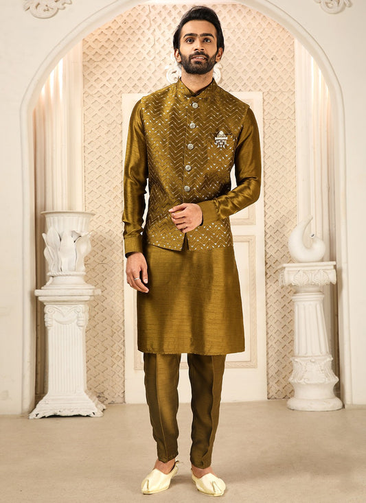 Embroidered Banarasi Silk Mustard Kurta Payjama With Jacket - M4274