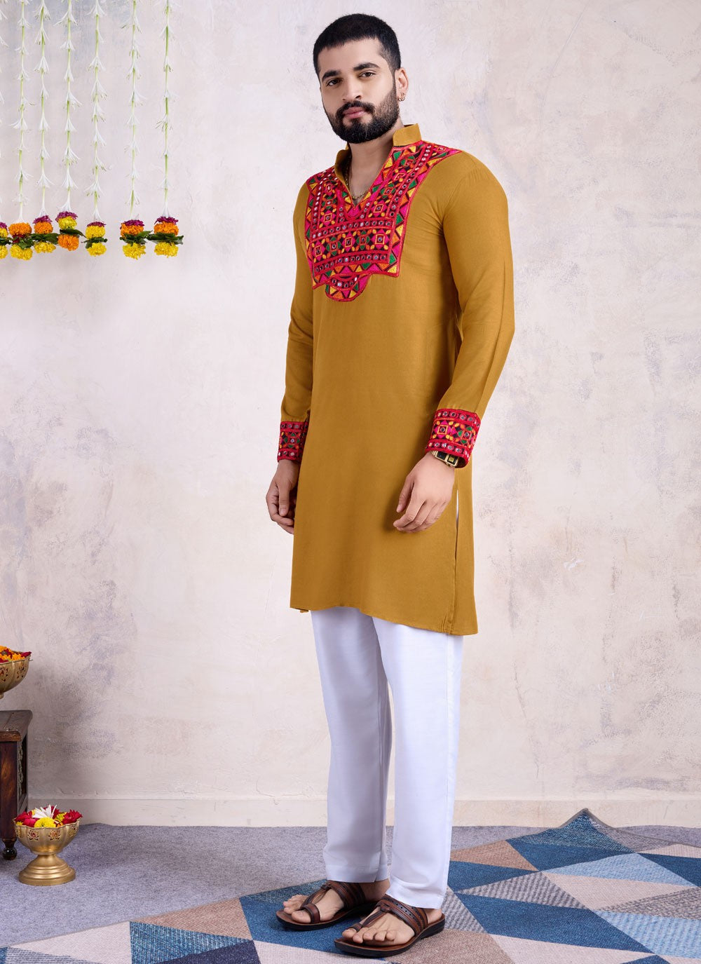 Fancy Work Rayon Mustard Kurta - M8537