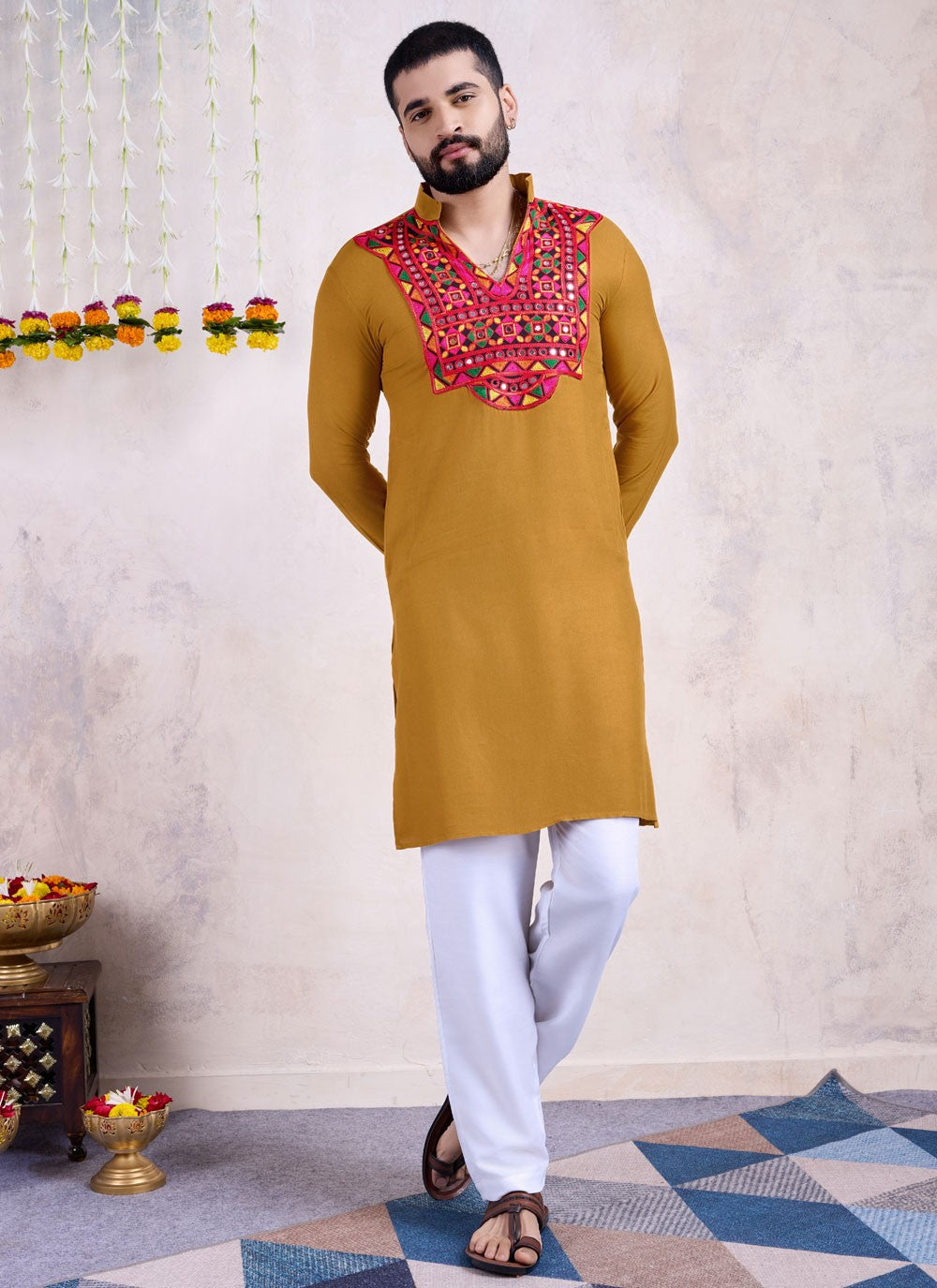 Fancy Work Rayon Mustard Kurta - M8537