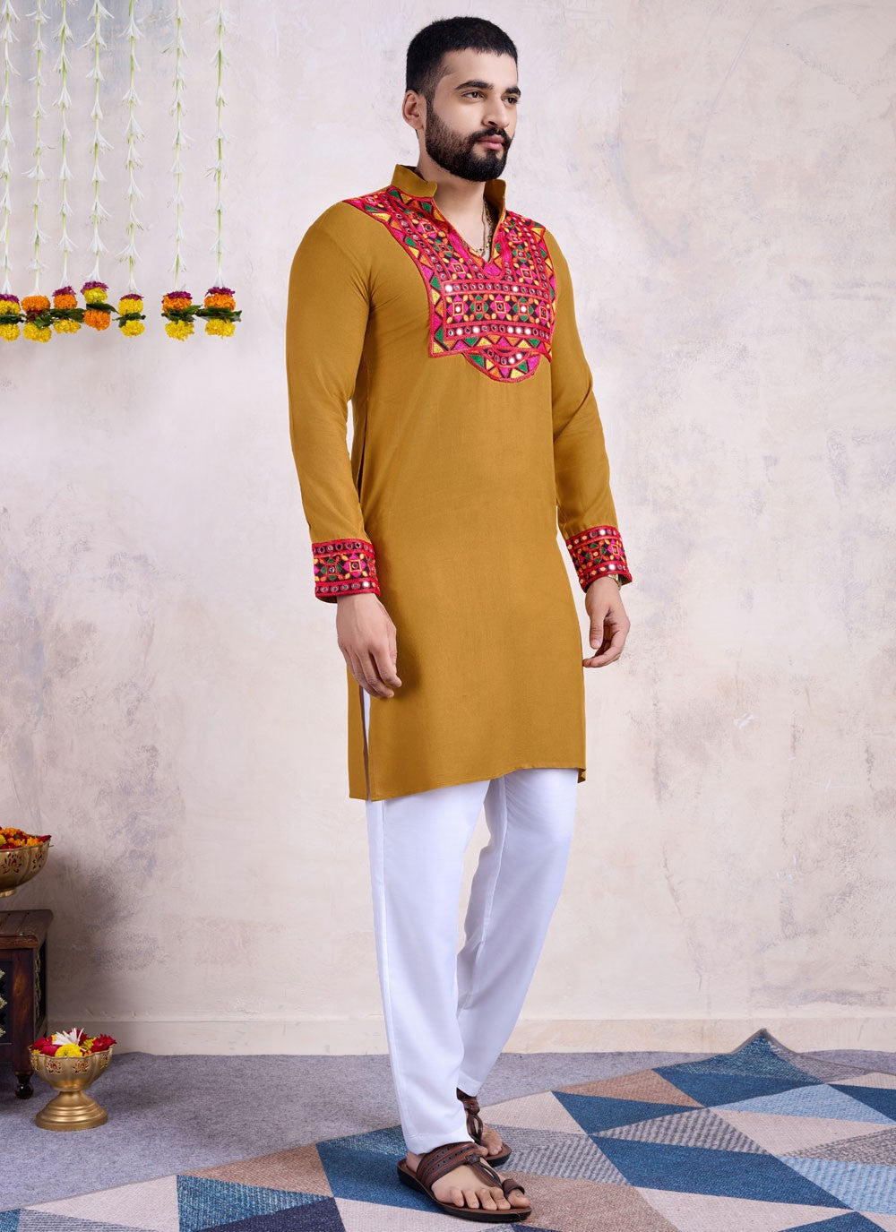 Fancy Work Rayon Mustard Kurta - M8537