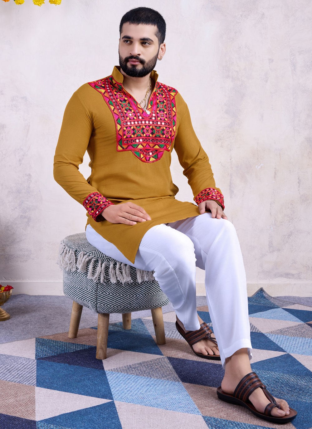 Fancy Work Rayon Mustard Kurta - M8537