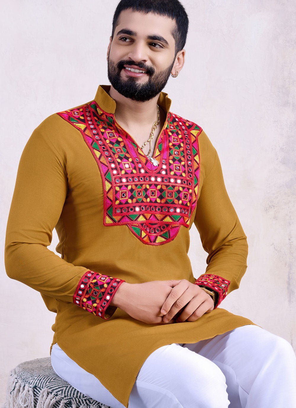 Fancy Work Rayon Mustard Kurta - M8537