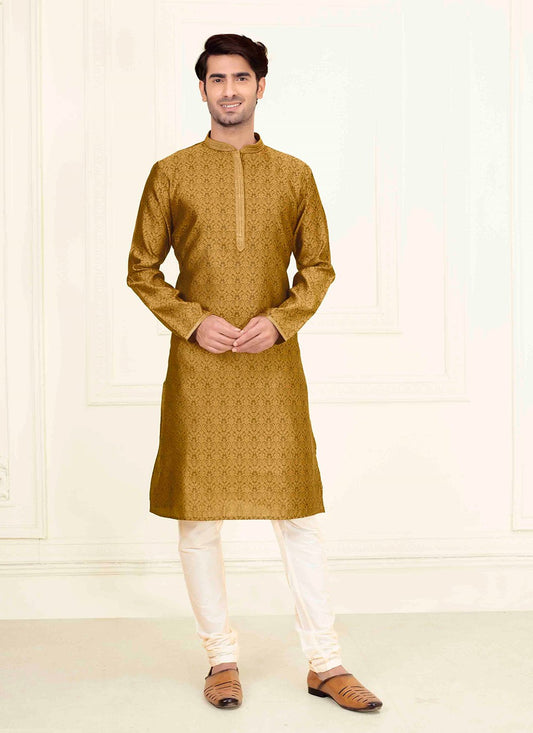 Jacquard Work Jacquard Mustard Kurta Pyjama - M6838