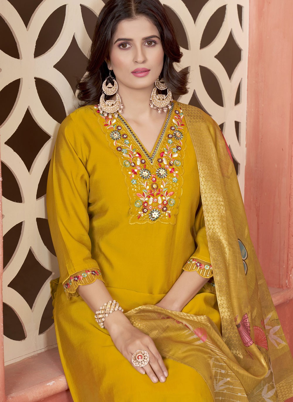 Embroidered Silk Pant Style Suit - T4848