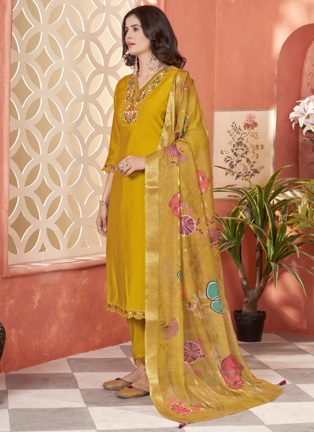 Embroidered Silk Pant Style Suit - T4848