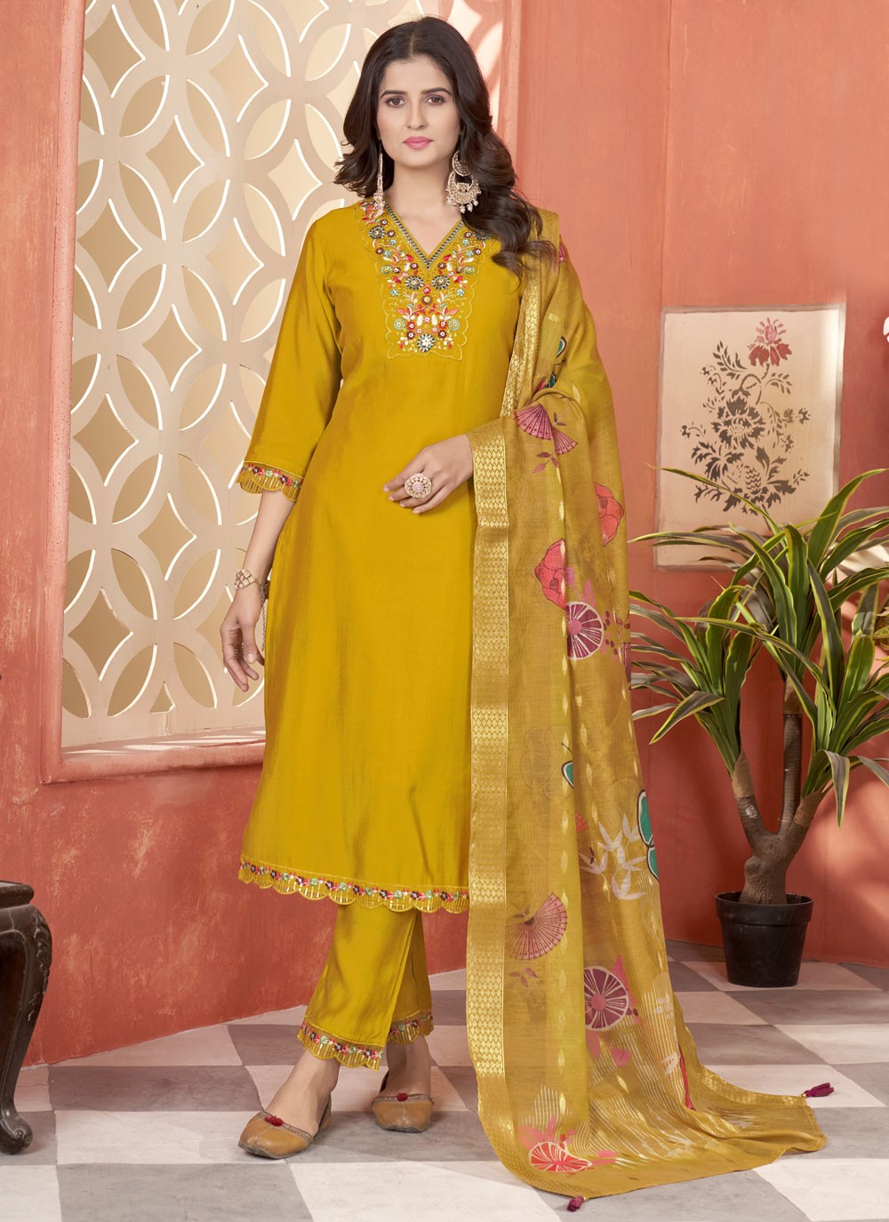 Embroidered Silk Pant Style Suit - T4848