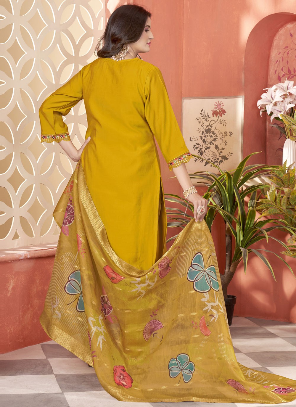 Embroidered Silk Pant Style Suit - T4848