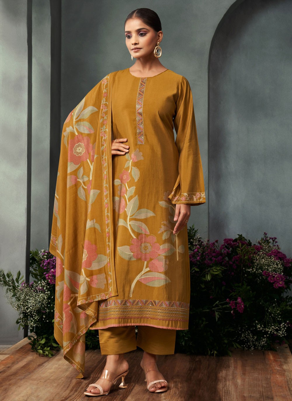 Embroidered Muslin Pant Style Suit - T4822