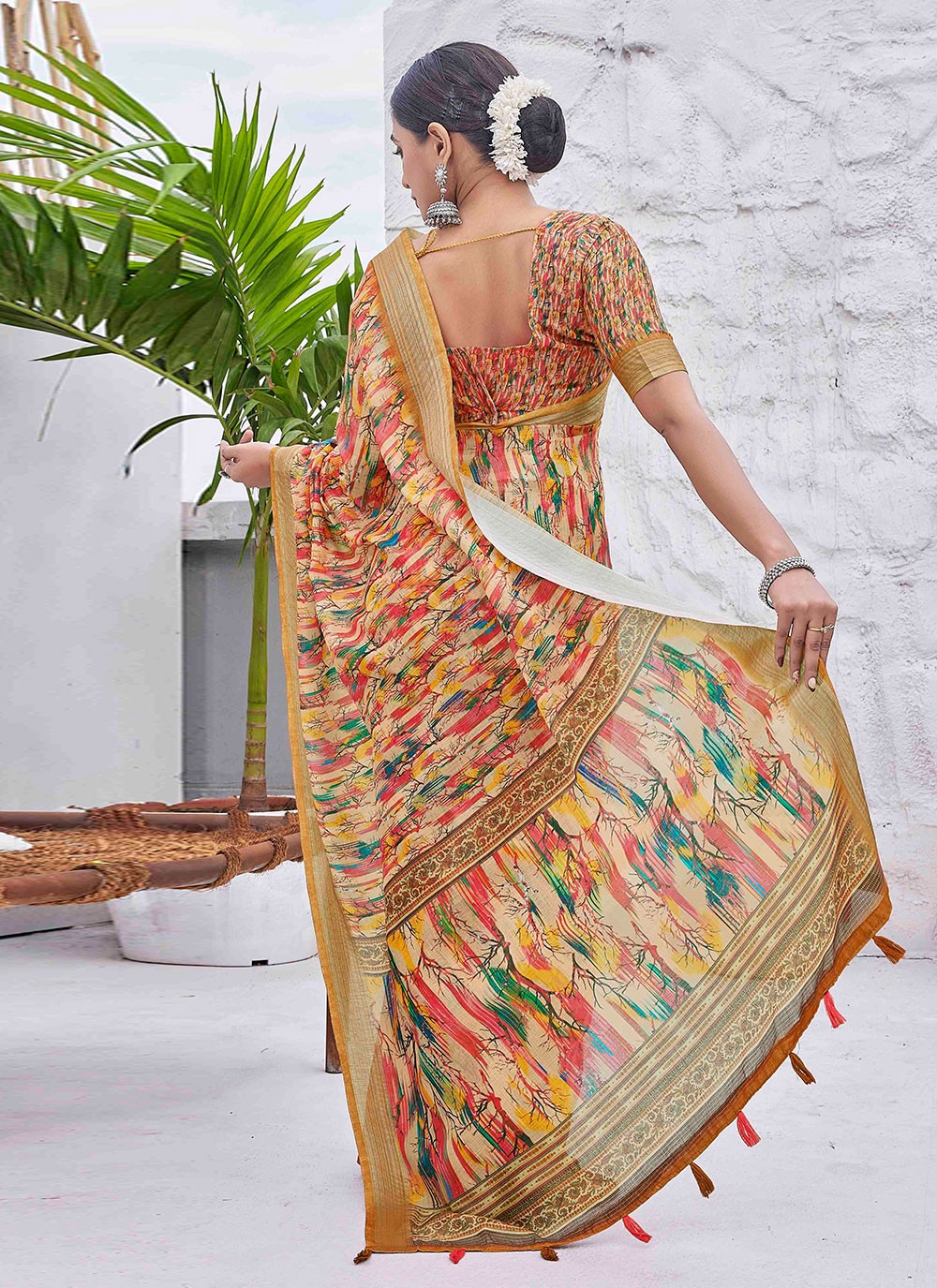 Contemporary Digital Print Linen Green Saree - S11017