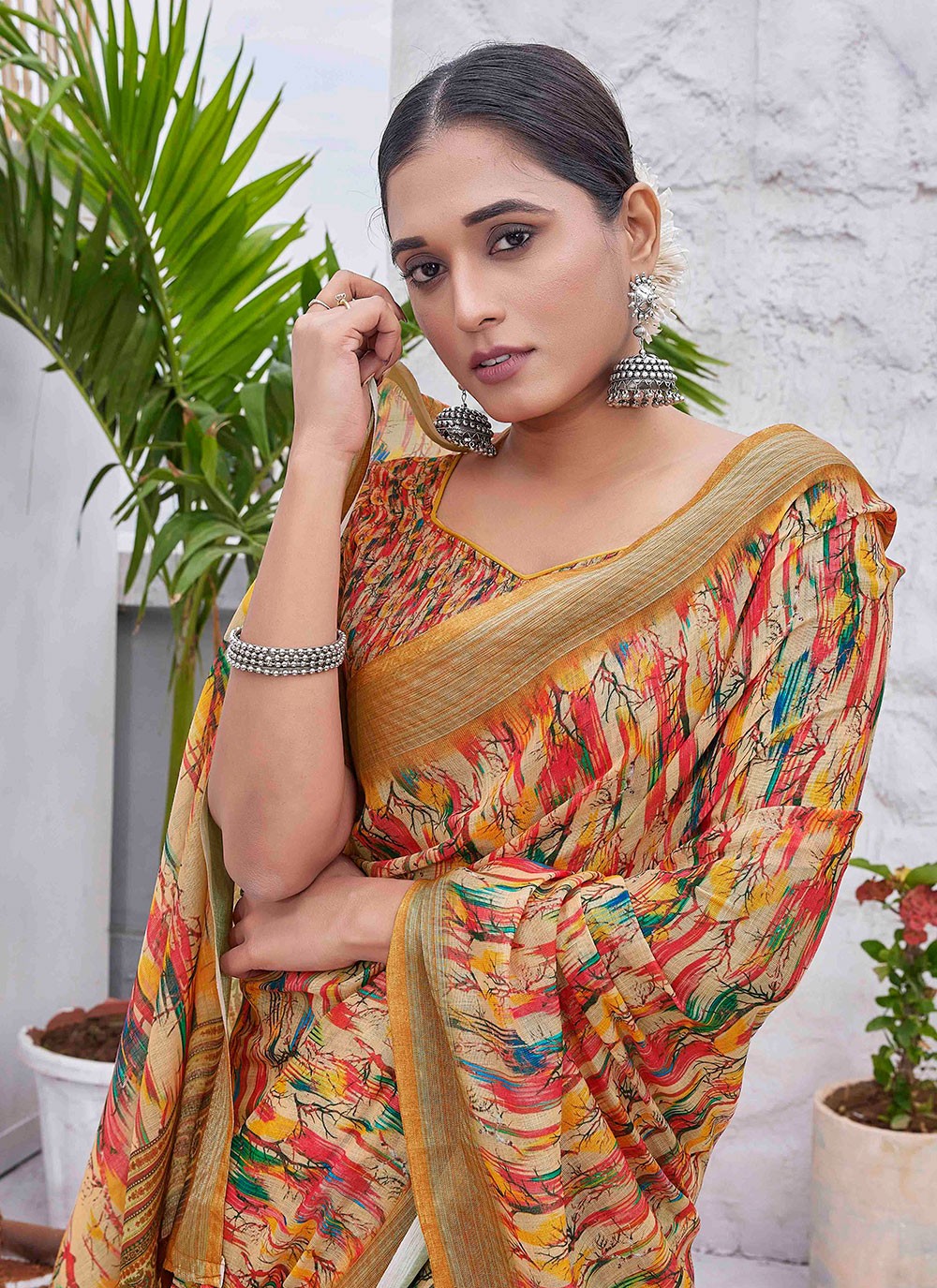 Contemporary Digital Print Linen Green Saree - S11017